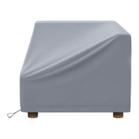 Gray outdoor furniture cover with smooth texture and subtle creases, featuring wooden feet for support.
