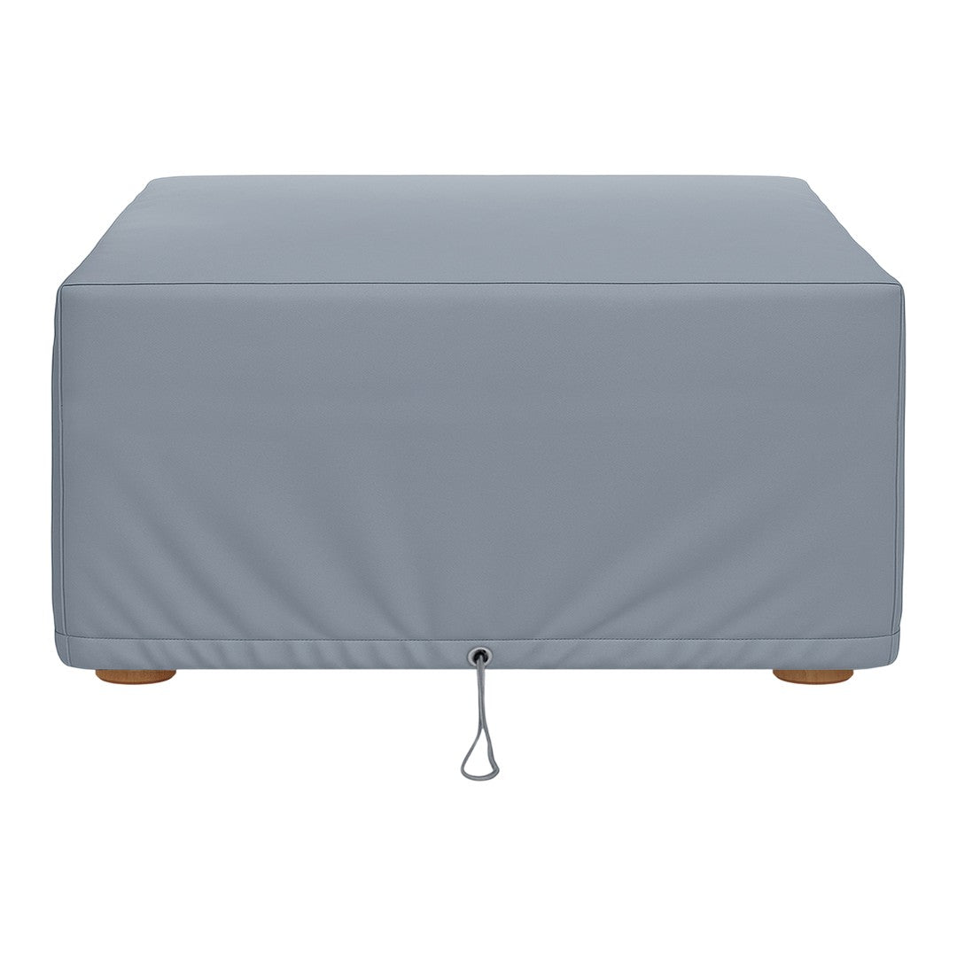 Light gray rectangular outdoor furniture cover with a smooth texture and wooden feet. Ideal for protecting your furniture.