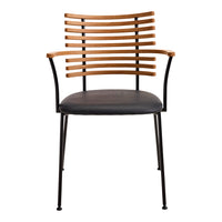 Black upholstered chair with distinctive wooden slatted backrest and sleek metal legs. Modern design with neutral tones.