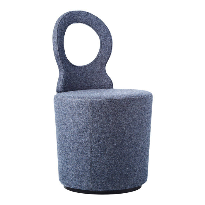 Round gray upholstered chair with a unique cutout backrest, featuring a soft textured fabric for modern decor.