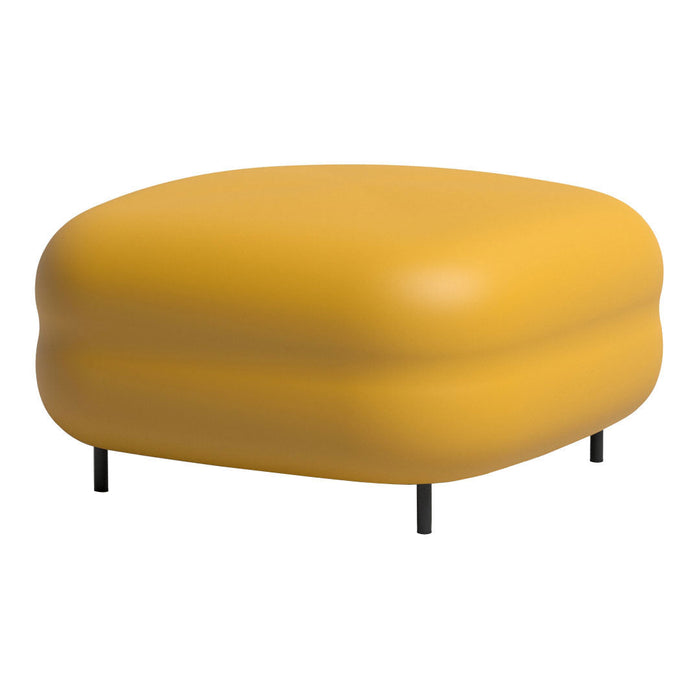 Yellow padded ottoman with smooth, rounded edges and black legs, perfect for modern decor.