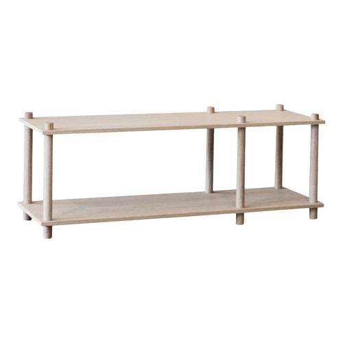 Light beige wooden shelving unit with a minimalist design and smooth, clean lines.