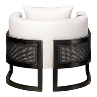 White boucle upholstery with a sleek black woven base, creating a modern and stylish contrast.