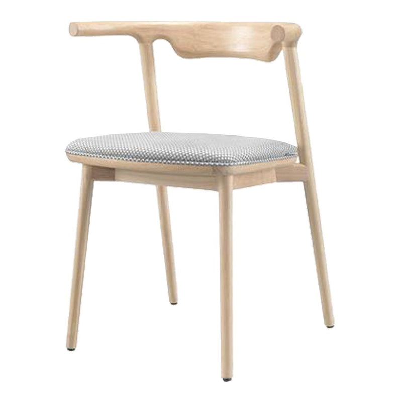 Light wood chair with a gray patterned seat cushion, showcasing a modern and minimalist design aesthetic.
