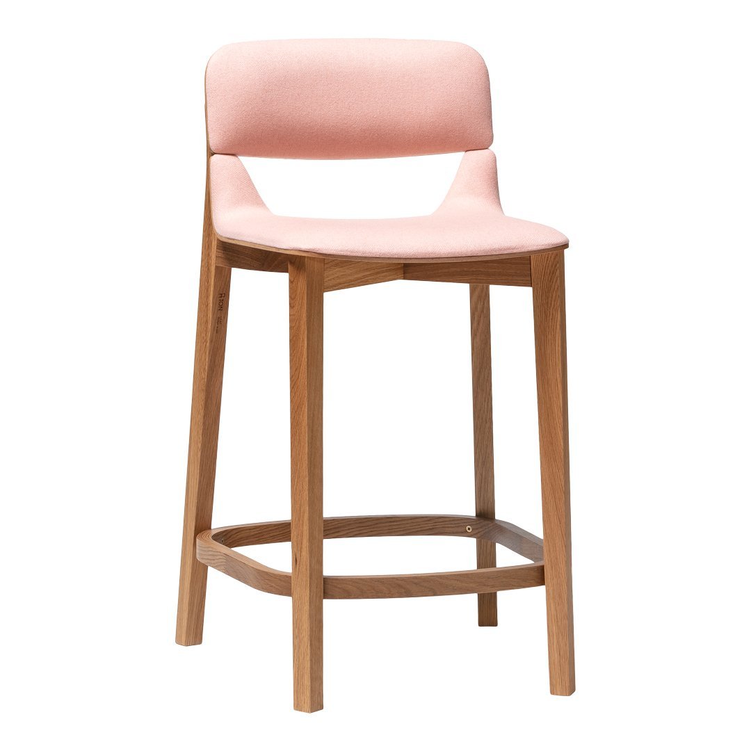 Pink upholstered bar stool with a sleek wooden frame, featuring a modern minimalist design.
