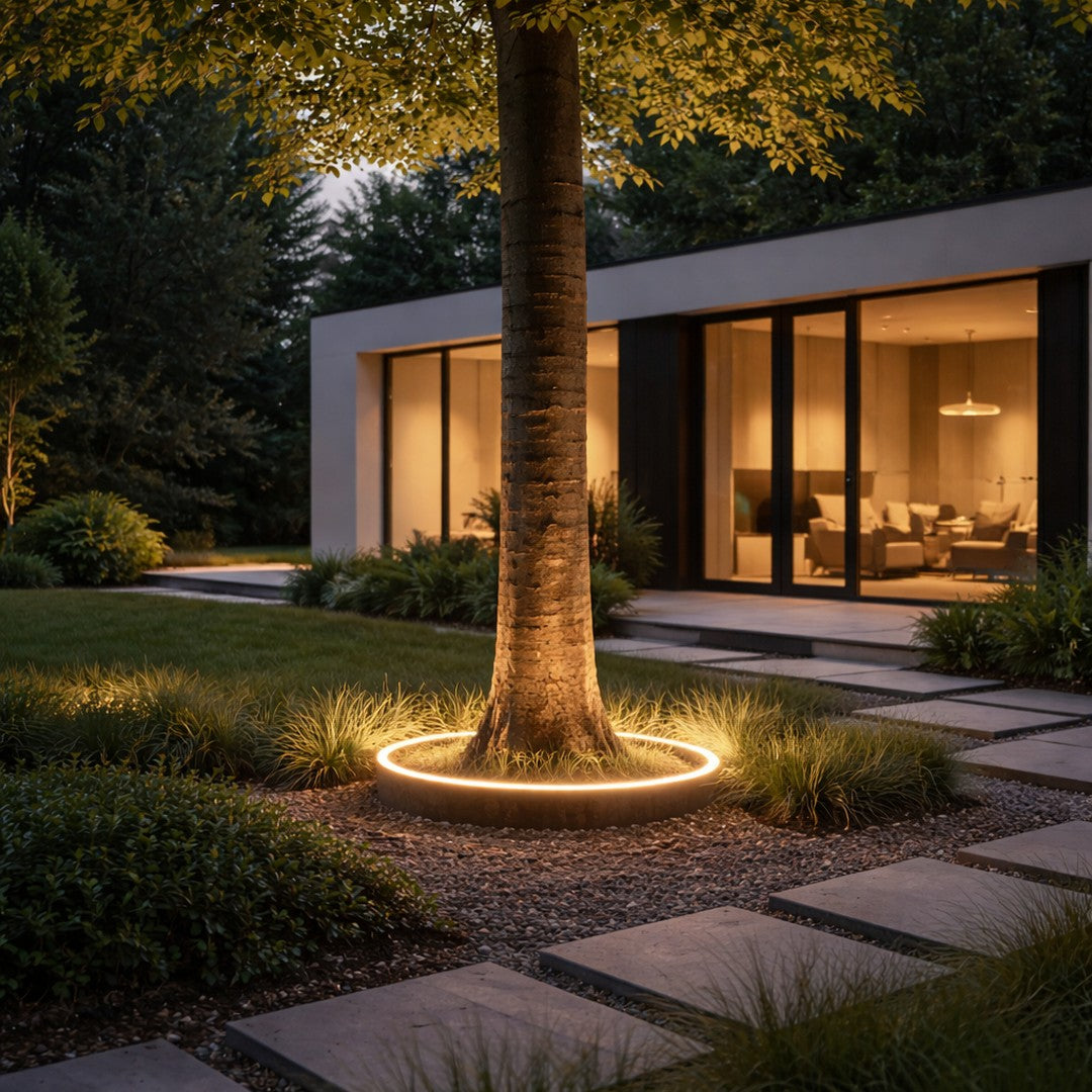 "Soft warm glow around a tree with modern landscaping featuring green grass and grey stone pathways."