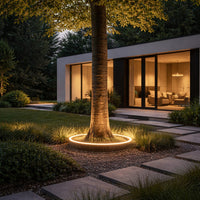 "Soft warm glow around a tree with modern landscaping featuring green grass and grey stone pathways."