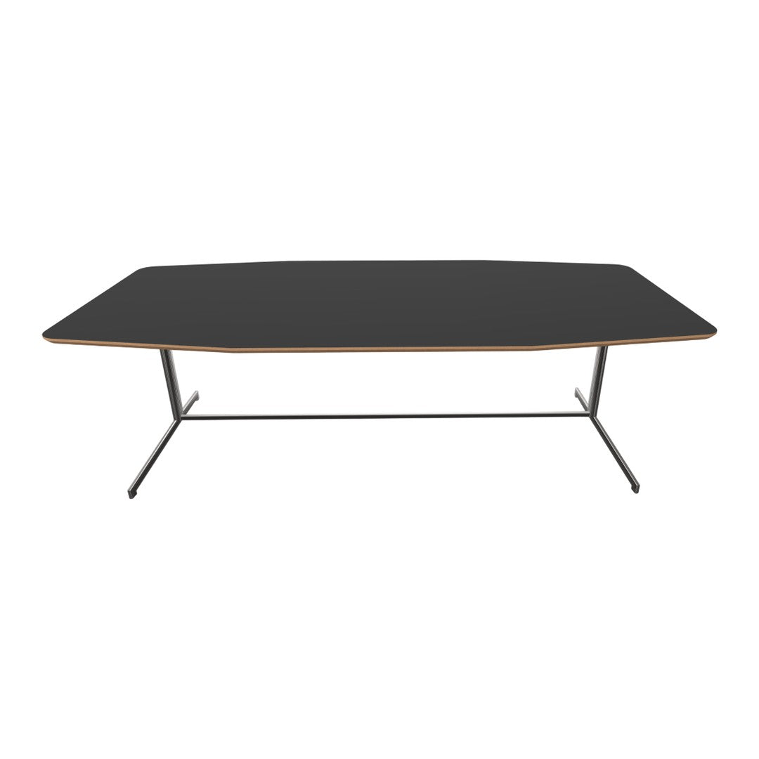 Modern black tabletop with a sleek natural wood trim and minimalist metal base design. Perfect for contemporary spaces.