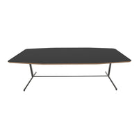 Modern black tabletop with a sleek natural wood trim and minimalist metal base design. Perfect for contemporary spaces.