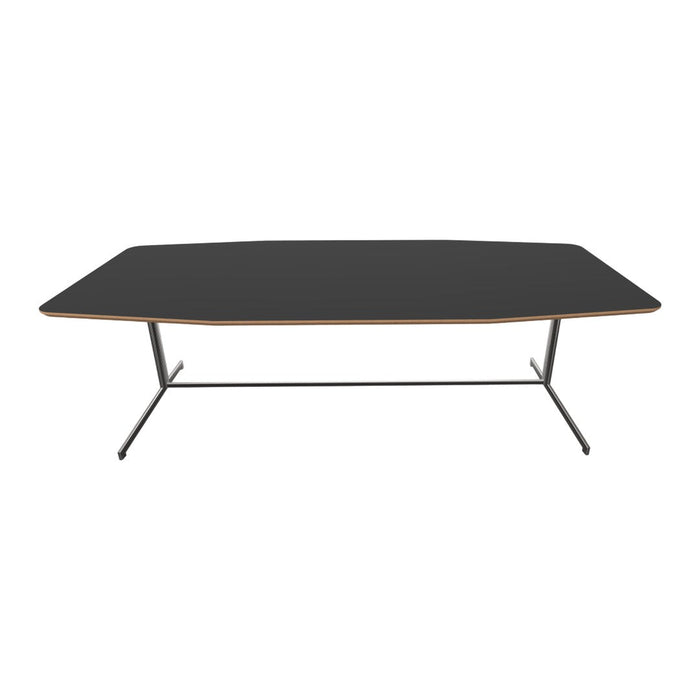 Modern black tabletop with a sleek natural wood trim and minimalist metal base design. Perfect for contemporary spaces.