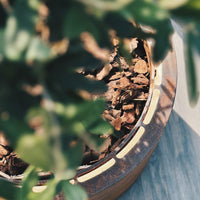 Close-up of a decorative pot featuring a natural wood finish and a circular pattern with light-colored accents.