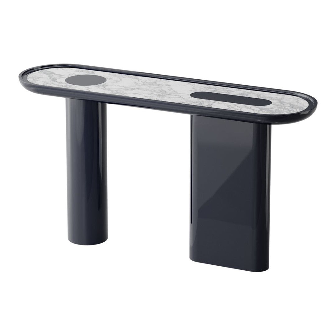 Sleek black console table with a polished marble top featuring soft gray veining and rounded edges.