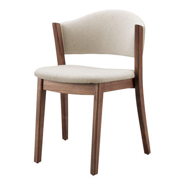 Light beige upholstered chair with a curved back and wooden legs in a warm walnut finish. Minimalist design.