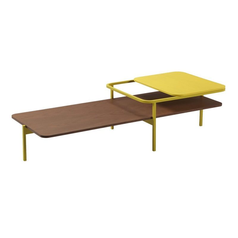 Modern lounge table featuring a brown wood finish with a vibrant yellow top and sleek geometric lines.