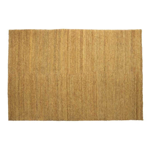 Tan and beige striped woven rug with a natural texture, perfect for adding warmth to any room.