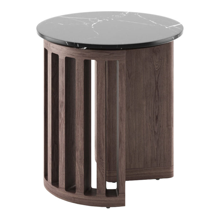Round black marble top with a rich wood base featuring slatted design in dark brown tones. Modern and stylish accent table.