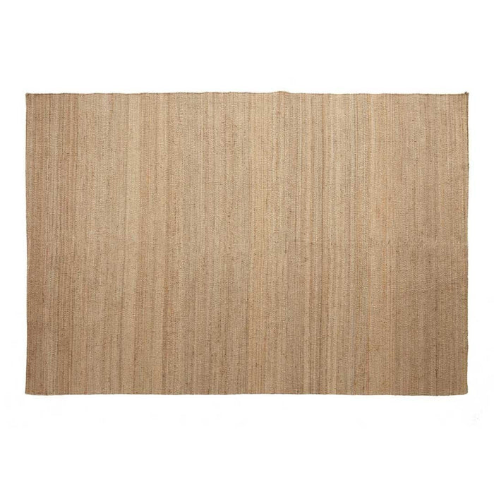 Beige woven rug with subtle vertical stripes, perfect for adding natural texture to any space.
