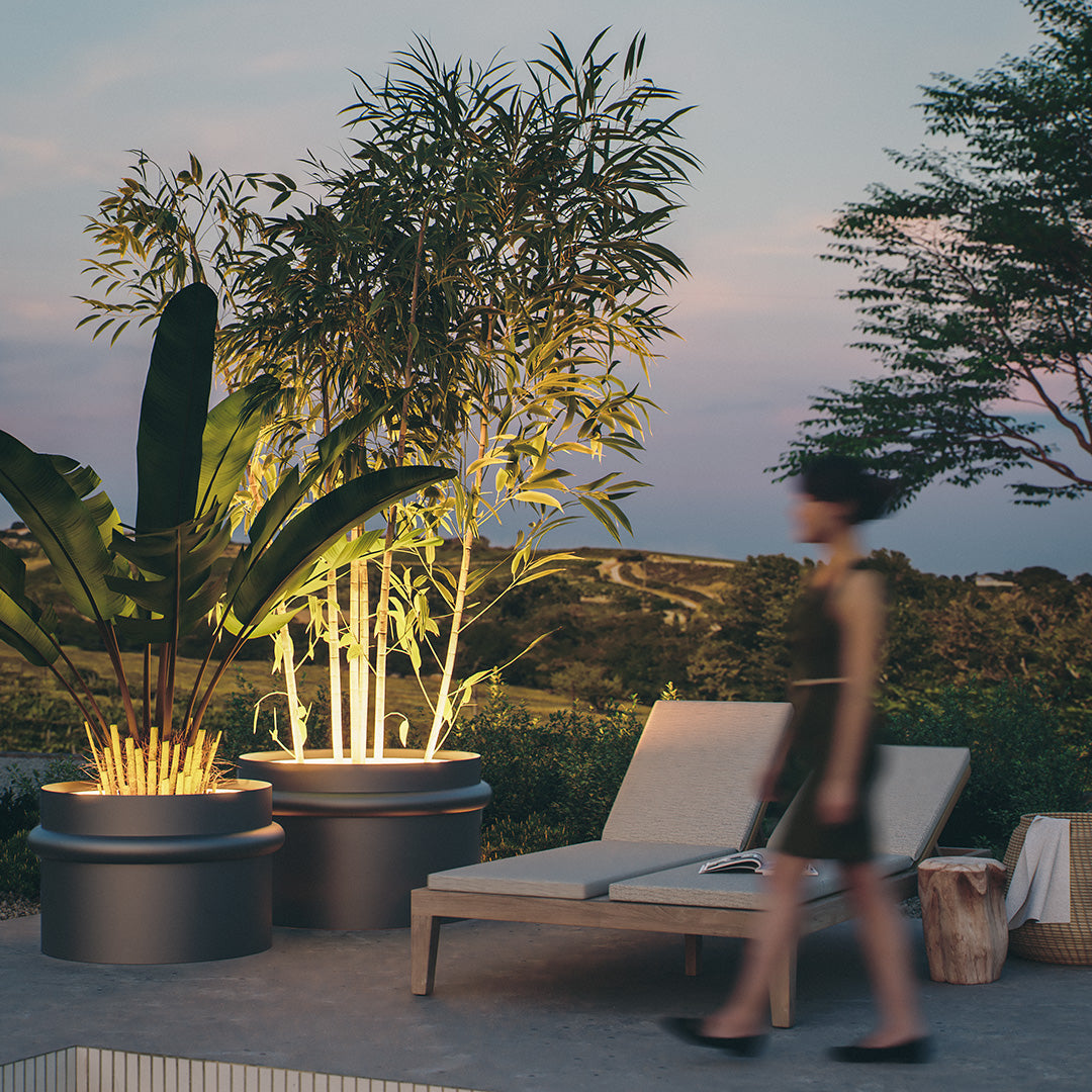 "Modern planters with lush green foliage, soft warm lighting, and sleek gray finishes on a tranquil outdoor patio."