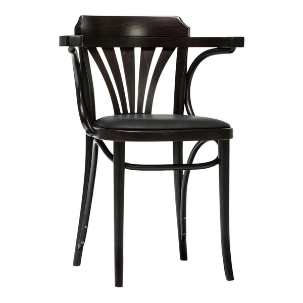 "Elegant black wooden chair with classic curved back design and a smooth black seat."