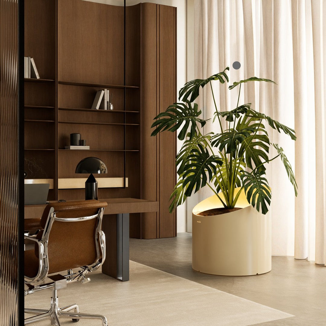 Lush green Monstera plant in a sleek yellow pot, set against warm brown wood and neutral tones in a modern office space.