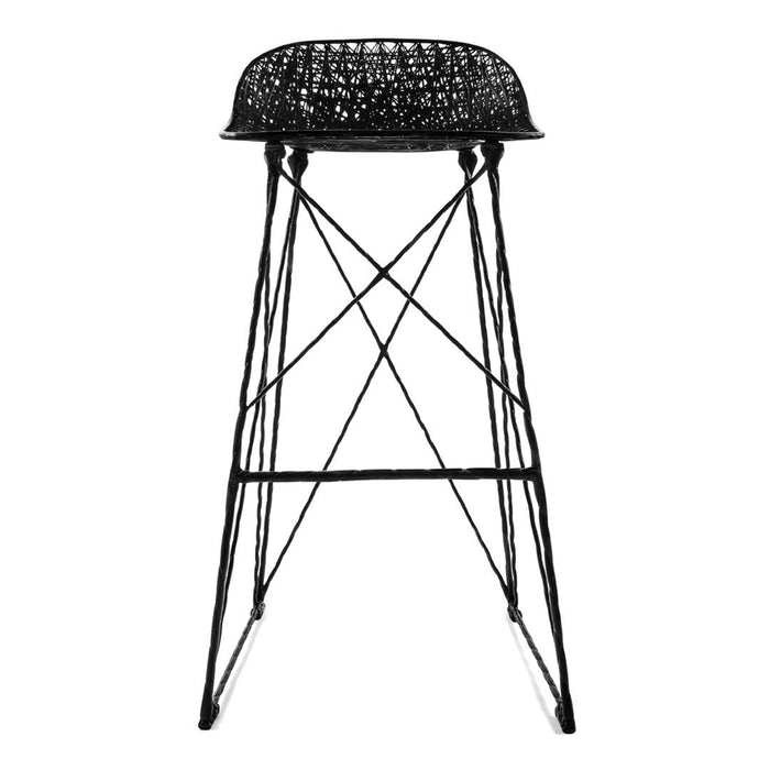 Black woven bar stool with a sleek wire frame and a modern design. Perfect for contemporary decor.