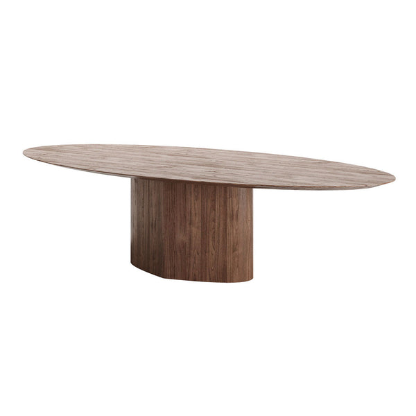 Elegant oval wooden dining table in rich brown tones with a smooth, textured surface. Perfect for modern interiors.