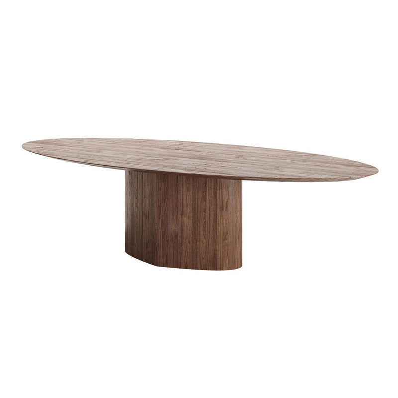 Elegant oval wooden dining table in rich brown tones with a smooth, textured surface. Perfect for modern interiors.