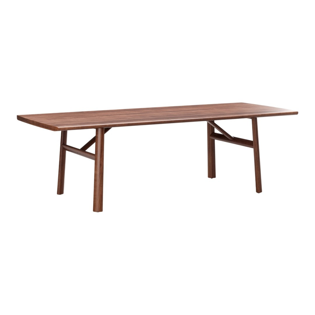 Natural wood dining table with a rich brown finish and smooth, minimalist design. Ideal for modern decor.