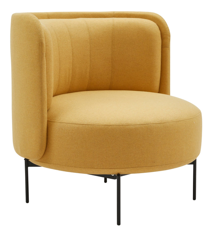 Modern round chair in vibrant mustard yellow fabric with subtle texture, supported by sleek black metal legs.