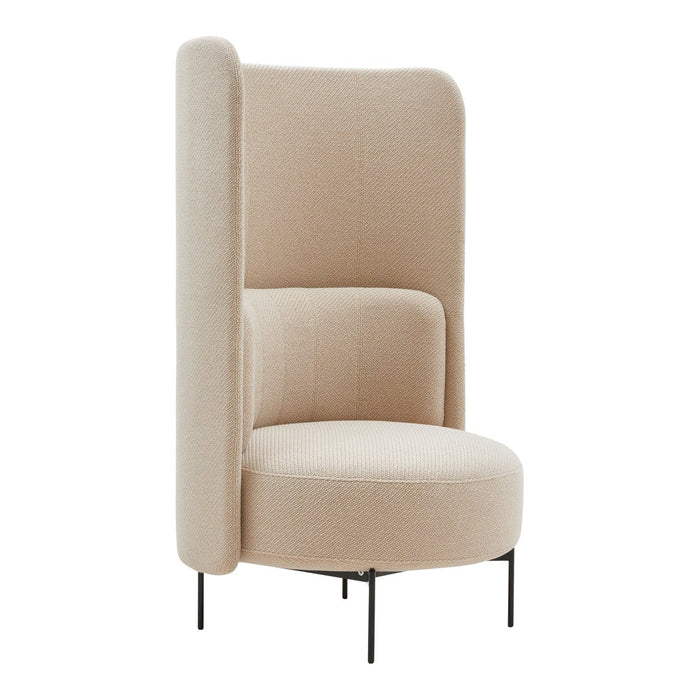 Beige upholstered armchair with textured fabric and sleek black legs, featuring a minimalist design and curved lines.