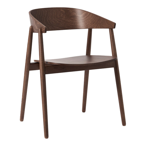 Modern wooden chair in rich brown finish with smooth grain pattern and sleek design. Ideal for stylish interiors.