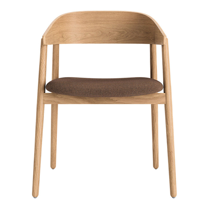 Natural wood finish chair with brown cushioned seat, featuring clean lines and minimalistic design.