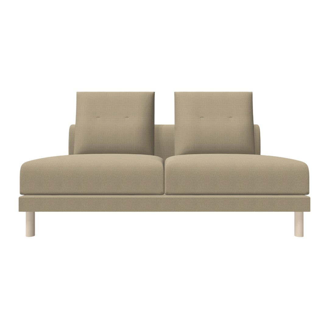 Light beige two-seater sofa with a modern, minimalist design and smooth fabric upholstery.