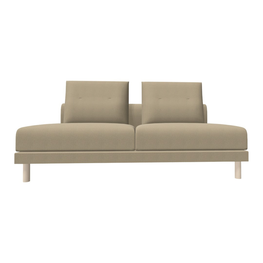 Modern two-seater sofa in soft beige fabric with clean lines and minimalistic design. Perfect for stylish living spaces.