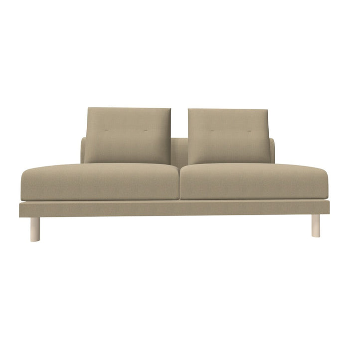 Modern two-seater sofa in soft beige fabric with clean lines and minimalistic design. Perfect for stylish living spaces.