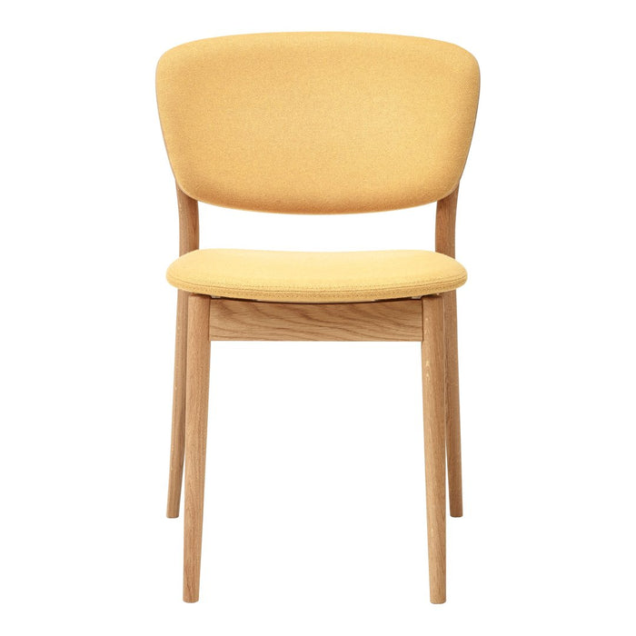 Yellow upholstered chair with a smooth, rounded back and light wood legs, ideal for modern decor.
