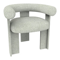 Light gray upholstered chair with rounded armrests and textured fabric, featuring a minimalist design and sturdy legs.