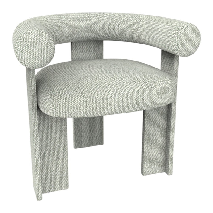 Light gray upholstered chair with rounded armrests and textured fabric, featuring a minimalist design and sturdy legs.