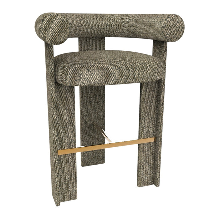 Textured gray bar stool with a rounded backrest and contrasting light wood footrest. Modern and stylish design.
