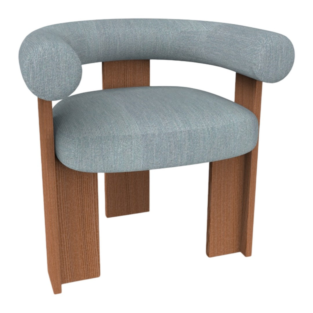Light blue upholstered chair with curved arms and wooden legs, showcasing a minimalistic design.