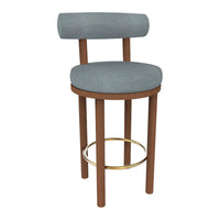 Grey upholstered bar stool with a round seat and backrest, featuring wooden legs and a gold footrest.