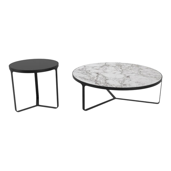 Black and white marble coffee tables with sleek black metal legs, featuring a round and a matching side table design.