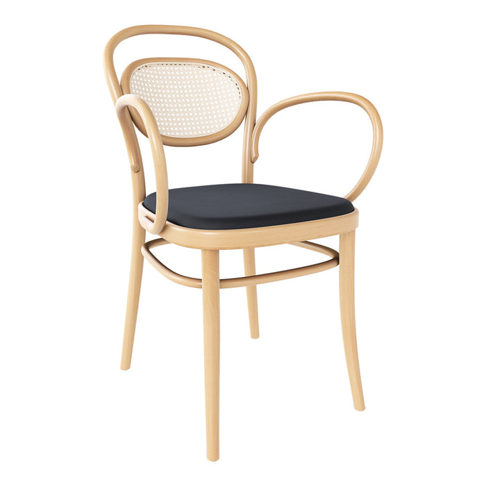 Natural wood chair with black padded seat and woven cane backrest, featuring a minimalistic design and curved arms.