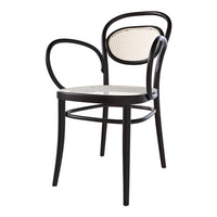 Black wooden chair with a curved design and woven rattan pattern on the seat and backrest. Classic and stylish.