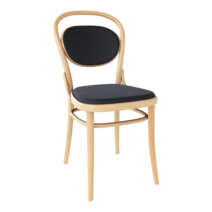 "Natural wood chair with a sleek black seat and rounded back, featuring a minimalist design."