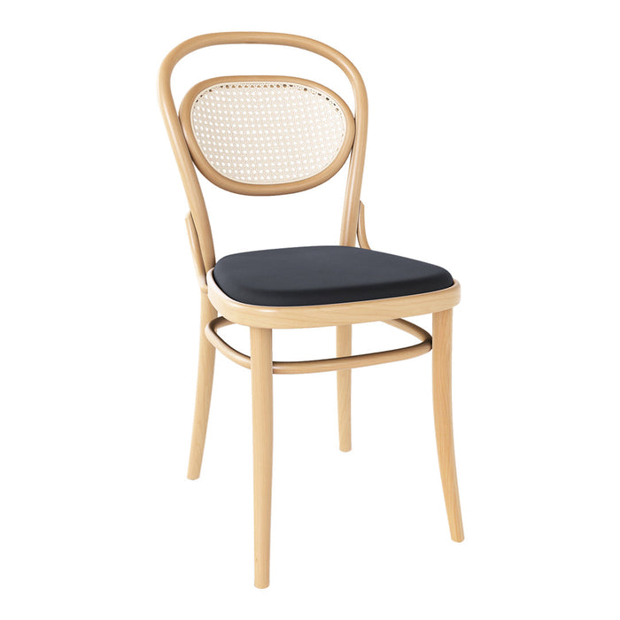 Natural wood chair with a black cushion and a light rattan backrest, featuring a classic design and simple elegance.