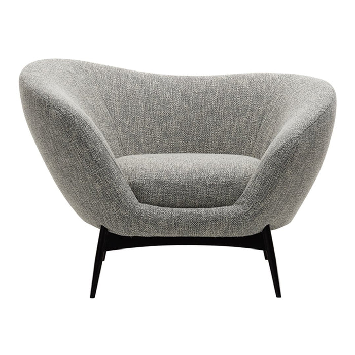 Gray upholstered chair with a textured pattern, featuring a sleek black base for modern elegance.