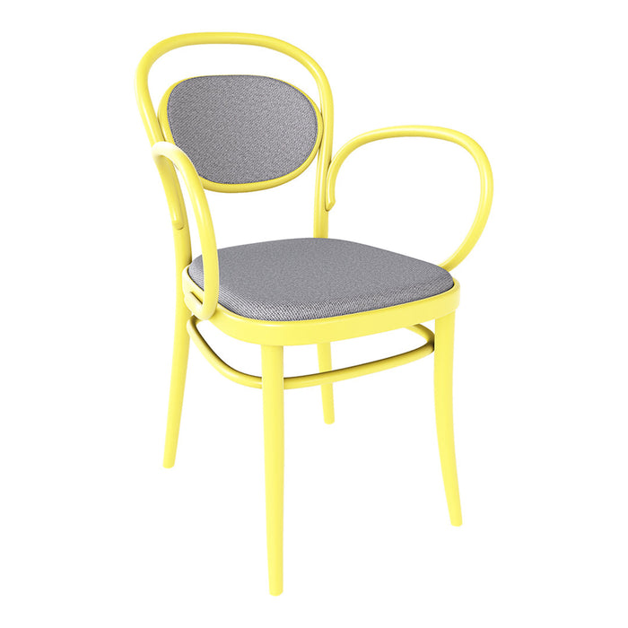 Yellow chair with curved arms and a gray upholstered seat, featuring a modern, minimalist design.