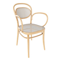 Light wood chair with a minimalist beige mesh seat and backrest, featuring a sleek, modern design.