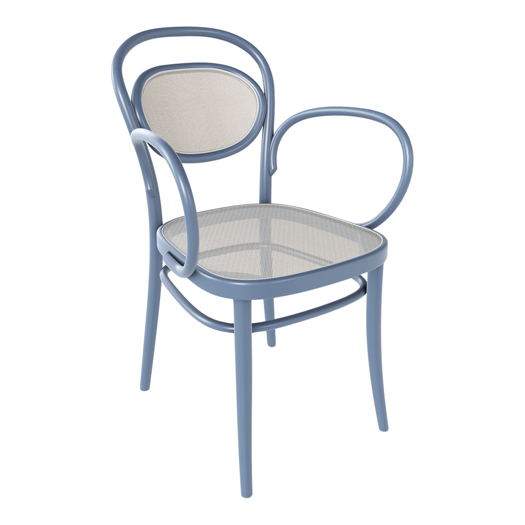 Light blue chair with a mesh seat and back, featuring a minimalist design and smooth, curved lines.
